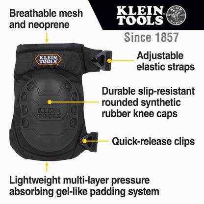 Klein Tools 60344 Hinged Gel Knee Pads showing features of the knee pads