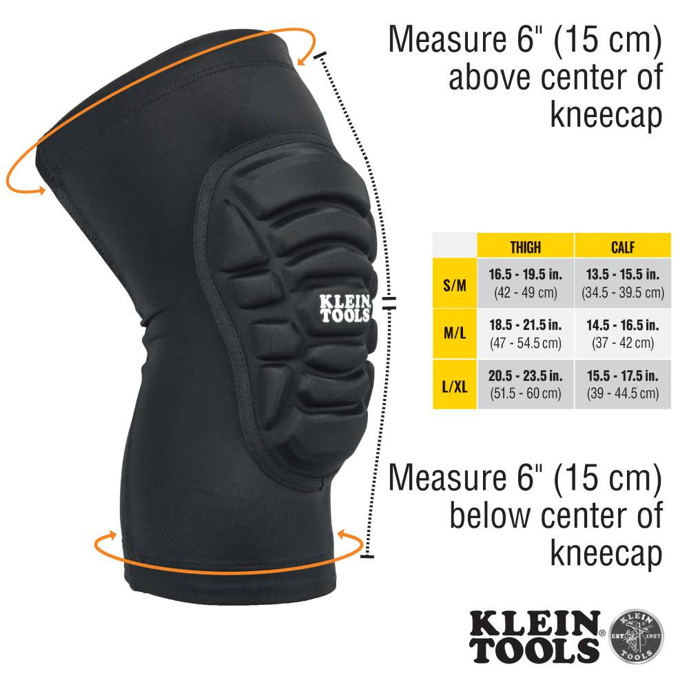 Klein Tools 60492 Lightweight Knee Pad Sleeves - M/L showing measurements of the sleeves and other sizes