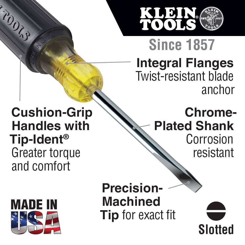 Klein Tools 605-8 1/4-inch x 8-inch Cabinet Tip Round Shank Slotted Screwdriver showing features of the screwdriver