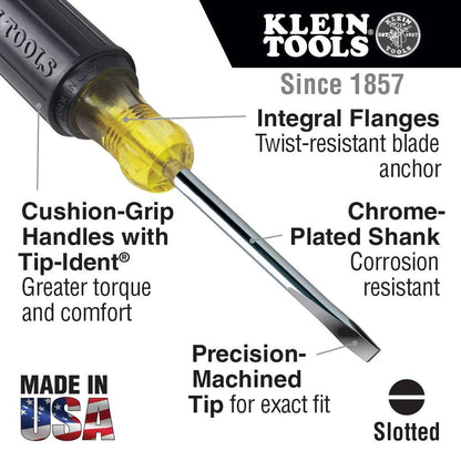Klein Tools 605-8 1/4-inch x 8-inch Cabinet Tip Round Shank Slotted Screwdriver showing features of the screwdriver