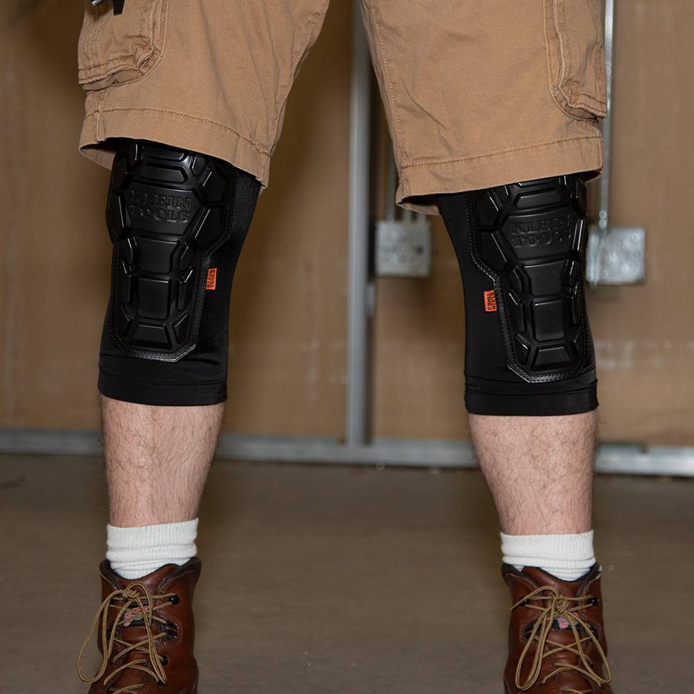 Klein Tools 60511 Heavy Duty Knee Pad Sleeves - M/L showing knee pad sleeves being worn