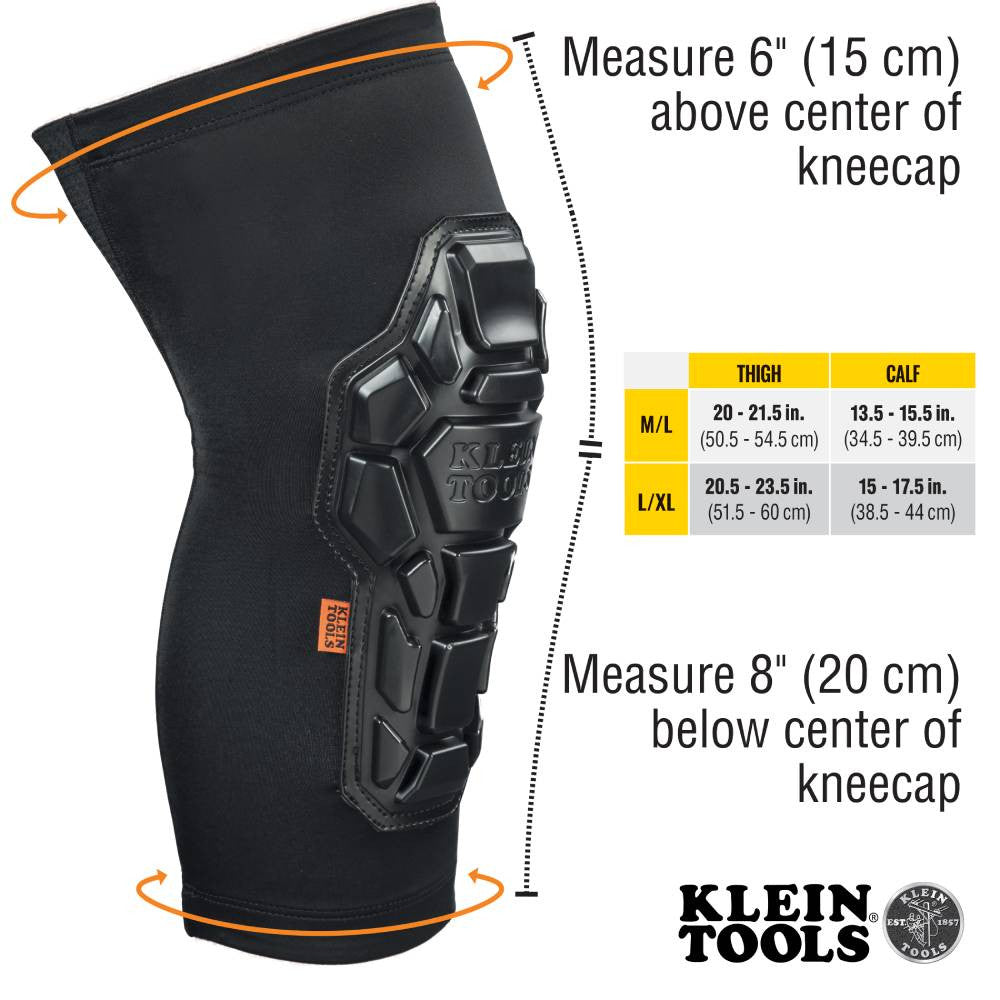 Klein Tools 60511 Heavy Duty Knee Pad Sleeves - M/L showing measurements of the sleeves and other sizes