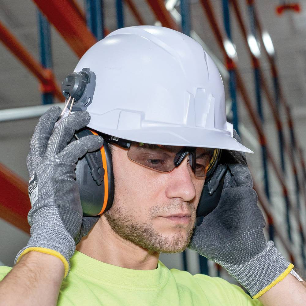 Klein Tools 60532 Earmuffs for Cap Style Hard Hats and Safety Helmets showing being worn (other safety equipment sold separately)