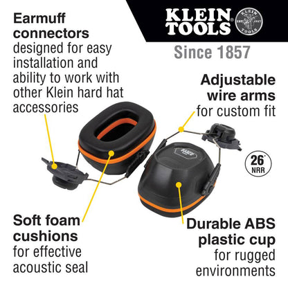 Klein Tools 60532 Earmuffs for Cap Style Hard Hats and Safety Helmets showing features of the earmuffs