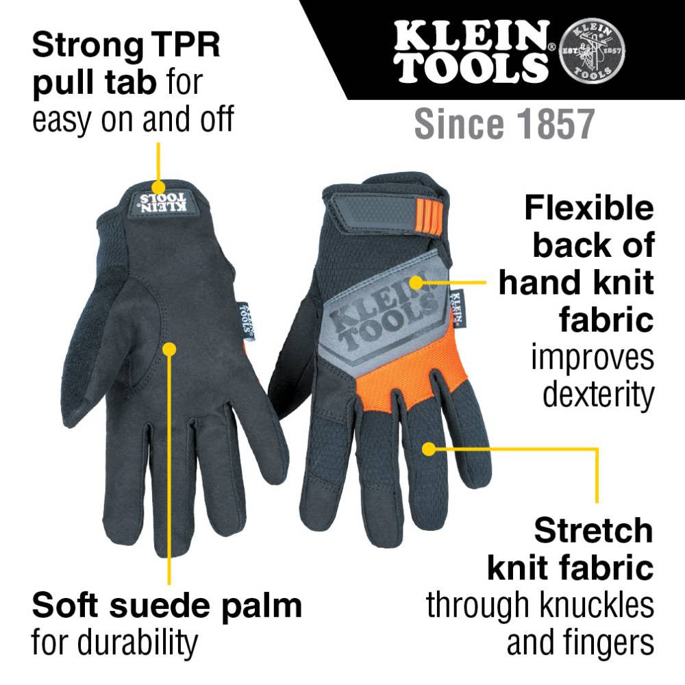 Klein Tools 60596 General-Purpose Utility Gloves - Large showing features of the gloves