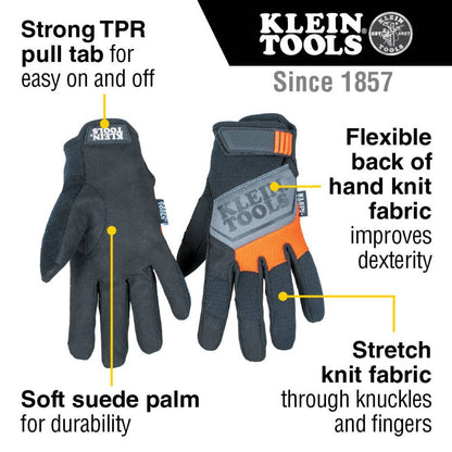 Klein Tools 60596 General-Purpose Utility Gloves - Large showing features of the gloves