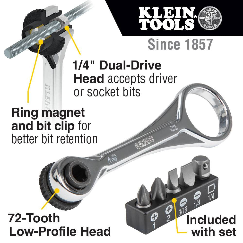 Klein Tools 65200 5pc Electrician foots Slim-Profile Mini Ratchet Set showing features of the Ratchet Set