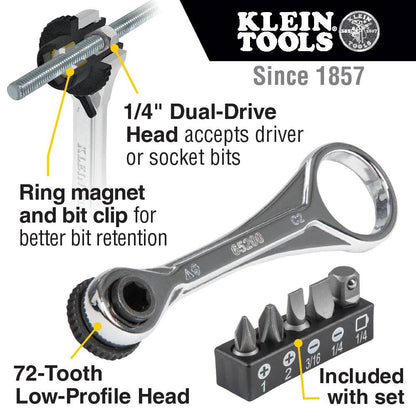Klein Tools 65200 5pc Electrician foots Slim-Profile Mini Ratchet Set showing features of the Ratchet Set