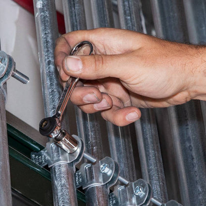 Klein Tools 65200 5pc Electrician's Slim-Profile Mini Ratchet Set showing in use fastening bolt collecting conduit to mounting bracket