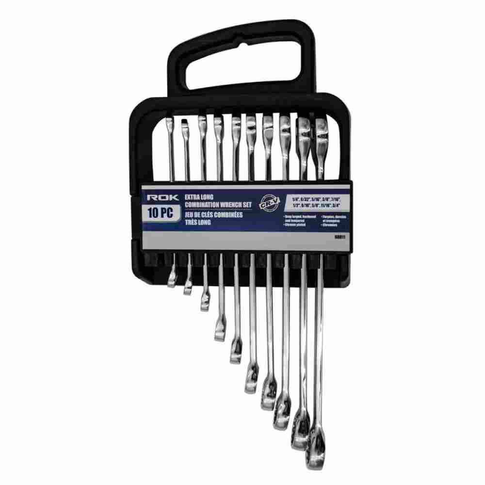 ROK 10pc SAE Cr-V Extra Long Combination Wrench Set