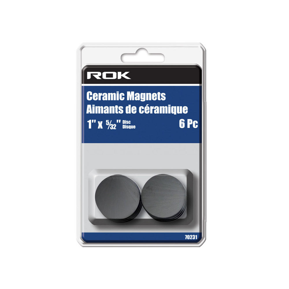 ROK 70231 1 inch x 5/32 inch Ceramic Magnet Discs - 6pk