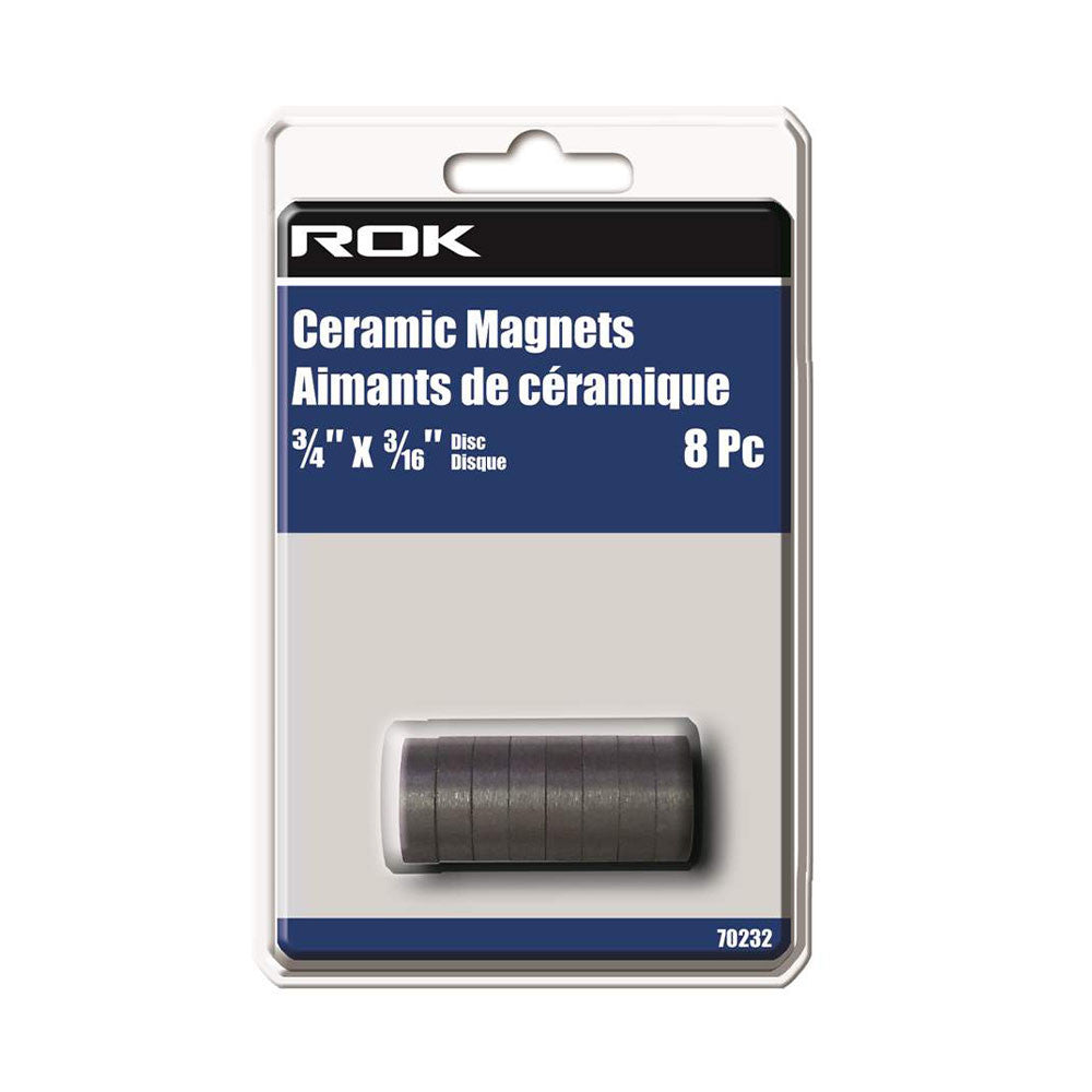 ROK 70232 3/4 Inch x 3/16 Inch Ceramic Magnet Discs - 8pk