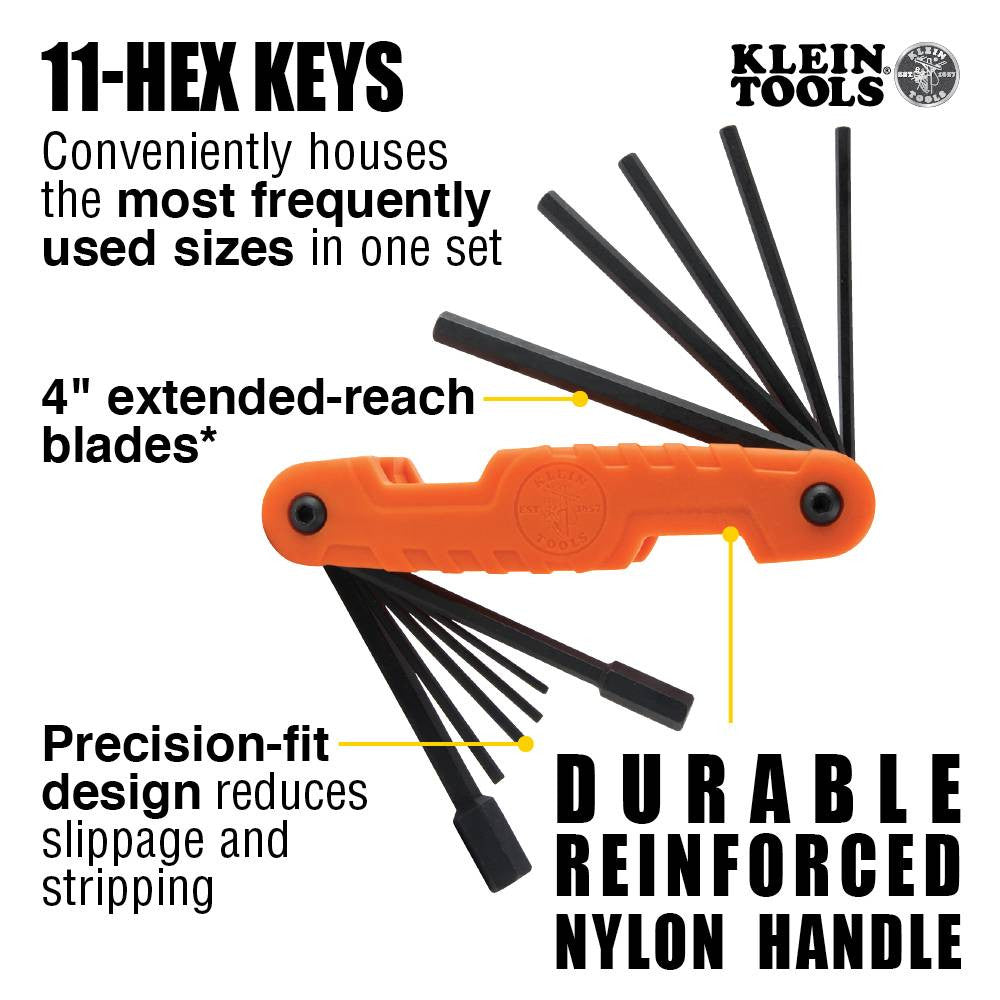 Klein Tools 70550 11-Key SAE Pro Folding Hex Key Set showing features of the hex key set