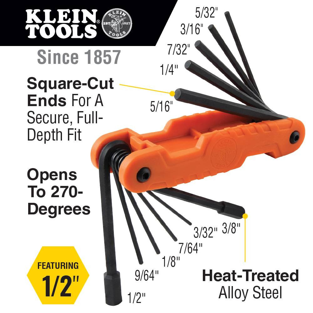 Klein Tools 70550 11-Key SAE Pro Folding Hex Key Set showing inclusions of the hex key set