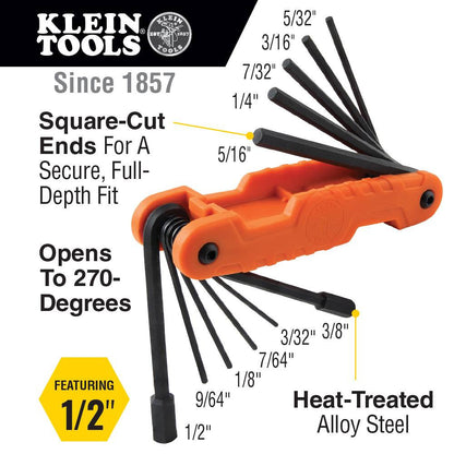 Klein Tools 70550 11-Key SAE Pro Folding Hex Key Set showing inclusions of the hex key set
