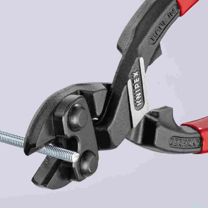 Knipex 7131200SBA 8 inch CoBolt High Leverage Compact Bolt Cutter Notched Blade showing cutting ready rod