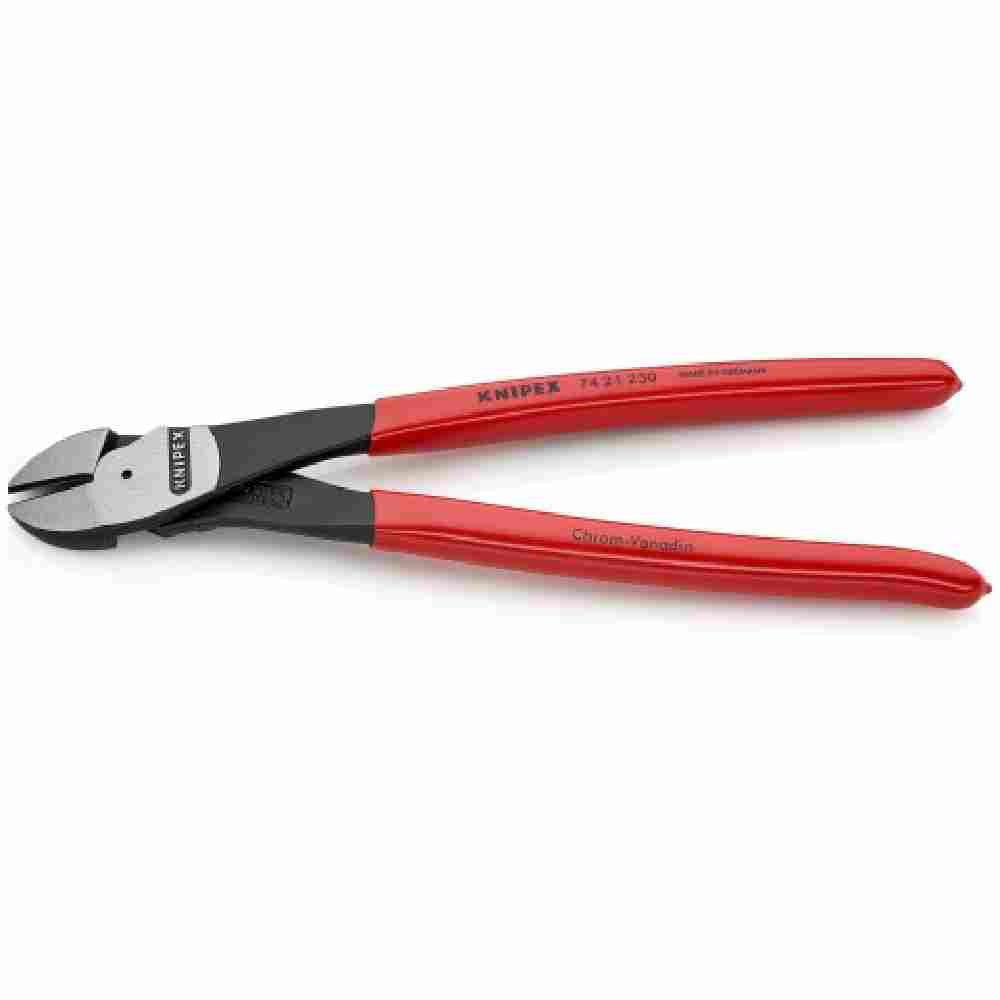 Knipex 7421250SBA 10 inch High Leverage Angled Head Diagonal Cutters showing with open jaws