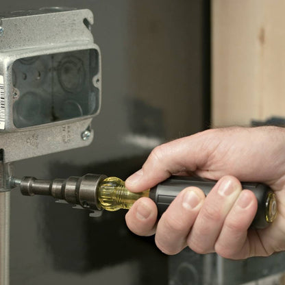 Klein Tools 85191 Conduit Fitting and Reaming Screwdriver showing in use fastening screws into electrical conduit fitting
