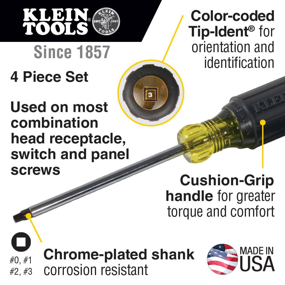 Klein Tools 85664 4pc Square-Recess Round Shank Screwdriver Set showing features of the screwdrivers