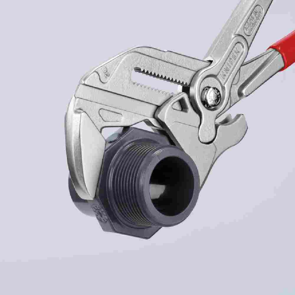 Knipex 8603180SBA 7-1/4 inch Adjustable Wrench Pliers holding plastic plumbing fitting