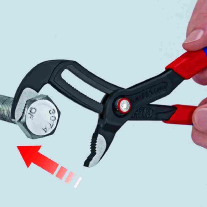 Knipex 8721250SBA 10 inch Cobra QuickSet Water Pump Plier showing the tightening action of jaws