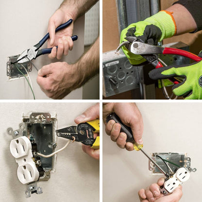 Klein Tools 92906 6-Piece Vo-Tech Apprentice Tool Kit  showing each type of tool in use, cutting electrical wires, stripping wires, bending stripped wires, fastening wires to an outlet