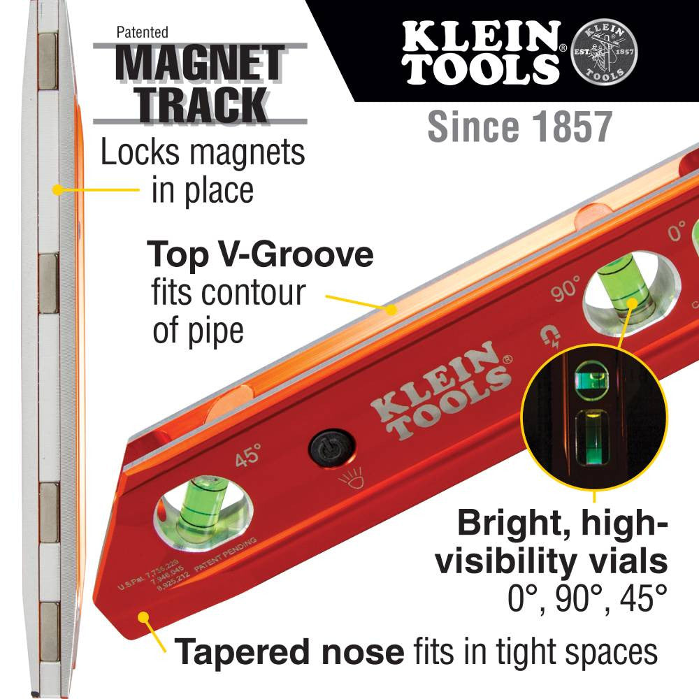 Klein Tools 935RBLT 9-inch Aluminum Rare-Earth Magnet Lighted Torpedo Billet Level showing features of the  level