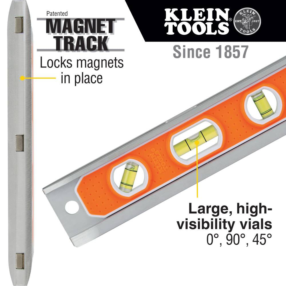 Klein Tools 935R 9-inch Aluminum Rare-Earth Magnet Torpedo Billet Level showing features of the level