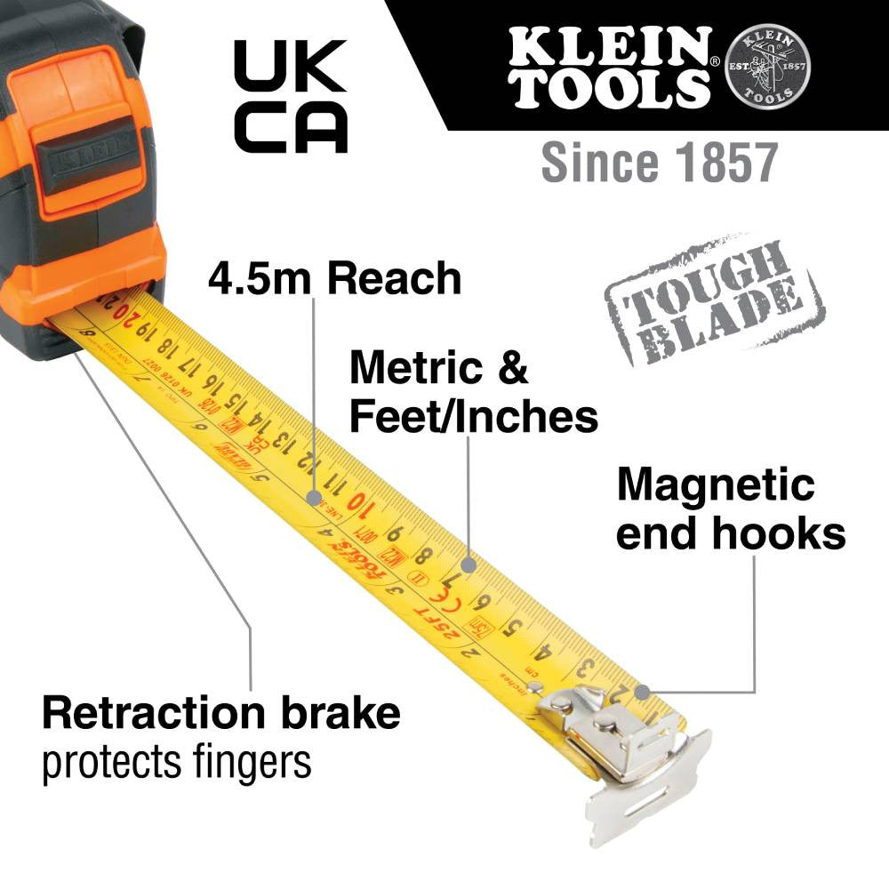 Klein Tools 9375 25-feet/7.5-meter Magnetic Double-Hook Tape Measure showing features of the tape measure