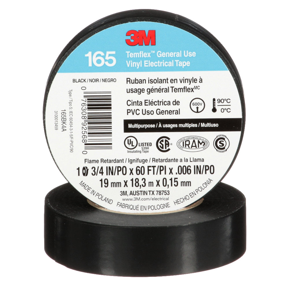 3M Temflex Vinyl Electrical Tape 165 Gray 3-4 Inch x 60 Ft 19 Mm x 18 M 6 Mil 100 Rolls-Case