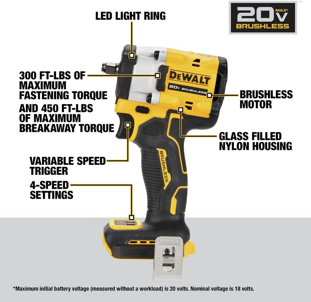 DeWalt DCF923B 20V MAX ATOMIC Brushless 3/8 Inch Impact Wrench with Hog Ring Anvil (Tool Only)