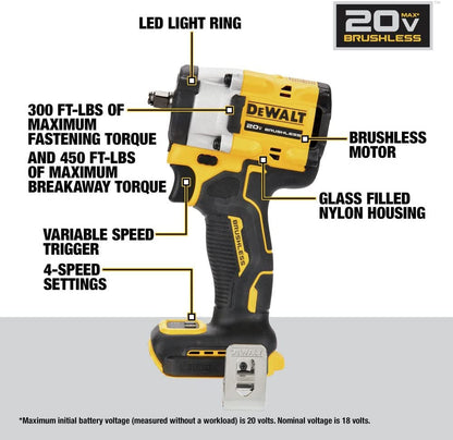 DeWalt DCF923B 20V MAX ATOMIC Brushless 3/8 Inch Impact Wrench with Hog Ring Anvil (Tool Only)
