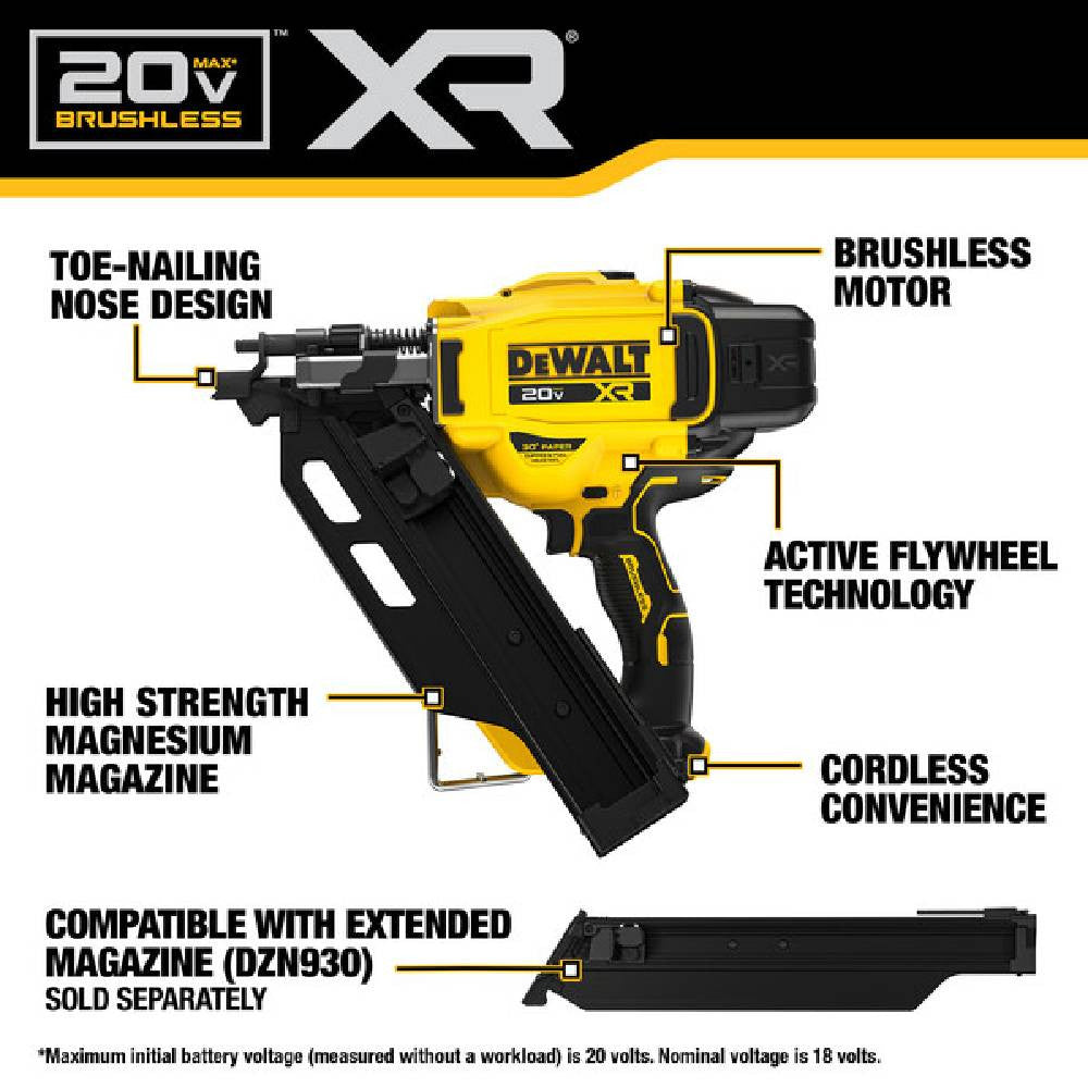 DeWalt DCN930B 20V MAX Cordless Brushless 30° Paper Tape Framing Nailer (Tool Only)