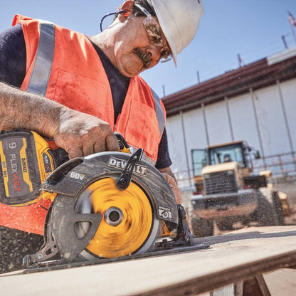 DeWalt DCS578X1 FLEXVOLT 60V MAX Brushless 7-1/4 inch Cordless Circular Saw on the jobsite, cutting through plywood