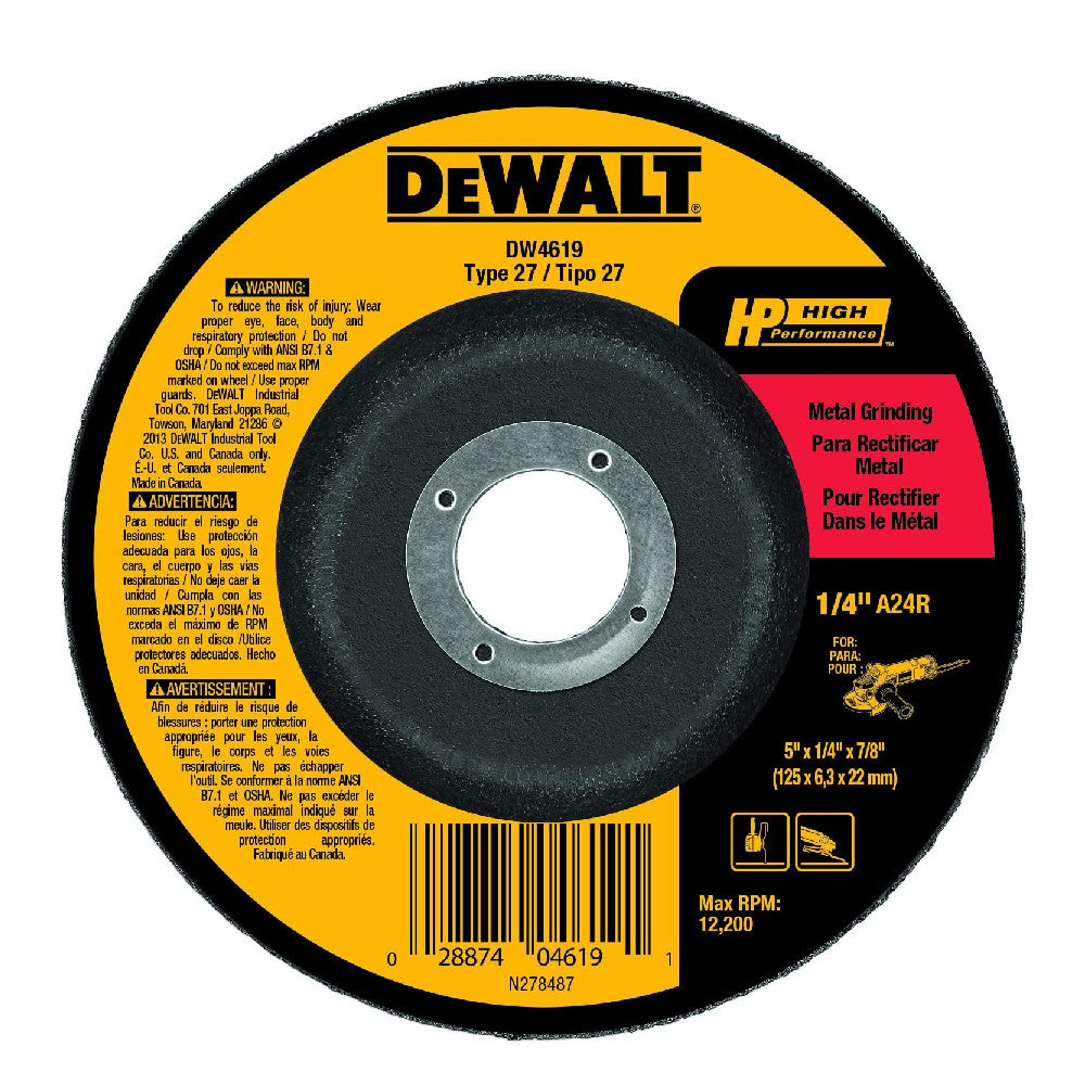 DeWalt DW4619 5 Inch x 1/4 Inch x 7/8 Inch Type 27 HP Metal Grinding Wheel