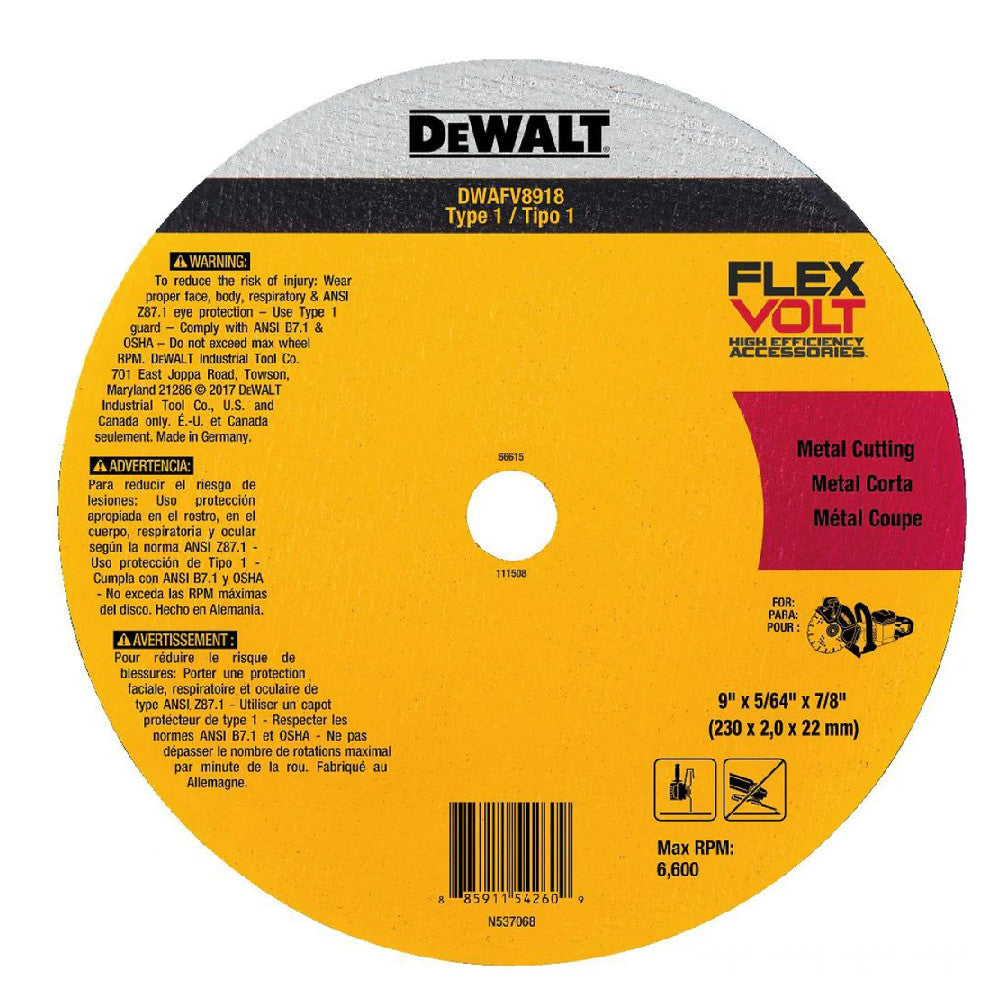 DeWalt DWAFV8918 9 Inch x 5/64 Inch x 7/8 Inch Type 1 FLEXVOLT Ceramic Metal Cutting Cut-Off Wheel