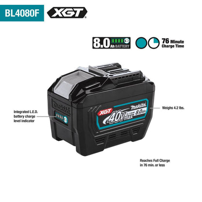 Makita BL4080F 40V MAX XGT 8.0 Ah Battery showing features of the battery