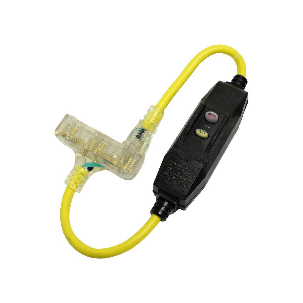 SHOPRO P010850GFI 2' 12/3 Gauge Tri Tap T-Block Inline GFCI Adapter Cord with Power Indicator Light