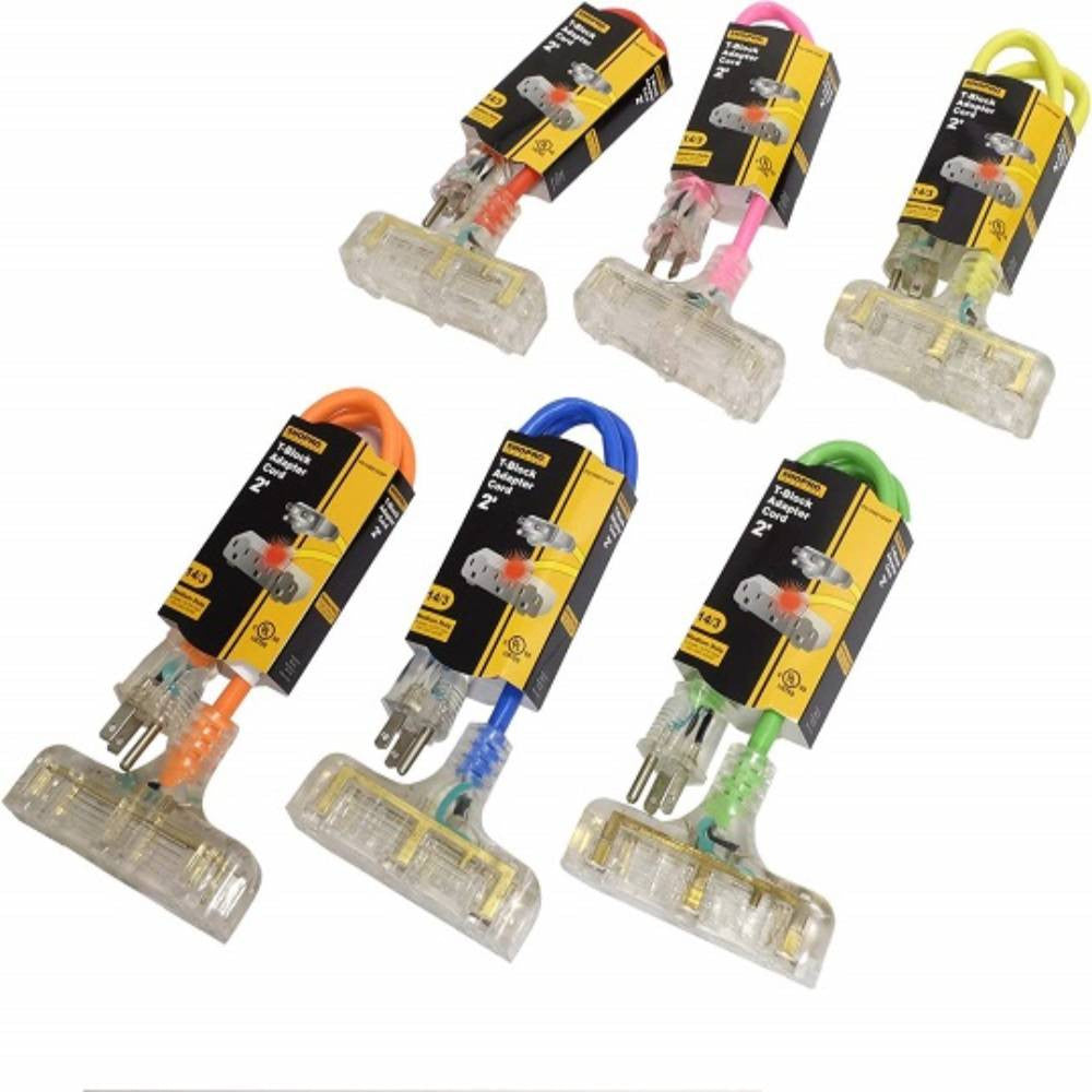 SHOPRO P010861DSP 2' 14/3 Gauge Tri Tap T-Block Adapter Cord showing all colour options