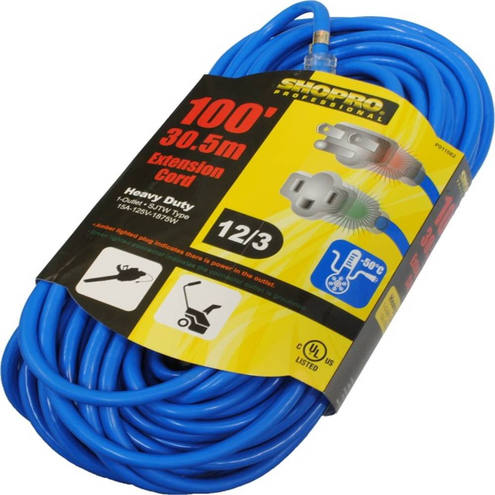 SHOPRO P011062 100' 12/3 Gauge Outdoor All-Weather Extension Cord with Power Indicator Light