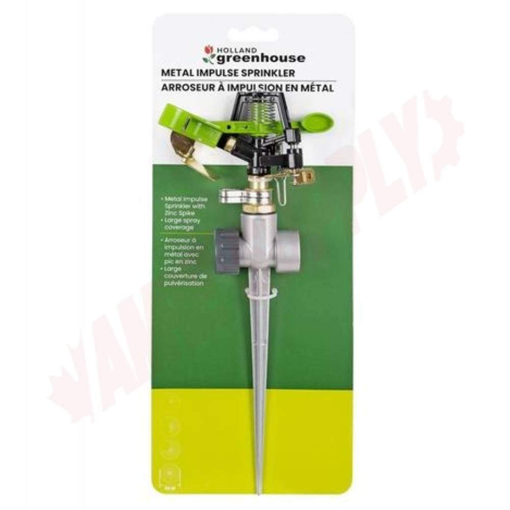 Holland Greenhouse S010650N Pulsating Impact Sprinkler with Brass Spike showing in packaging