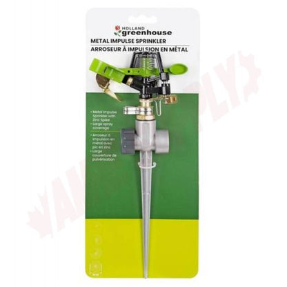 Holland Greenhouse S010650N Pulsating Impact Sprinkler with Brass Spike showing in packaging