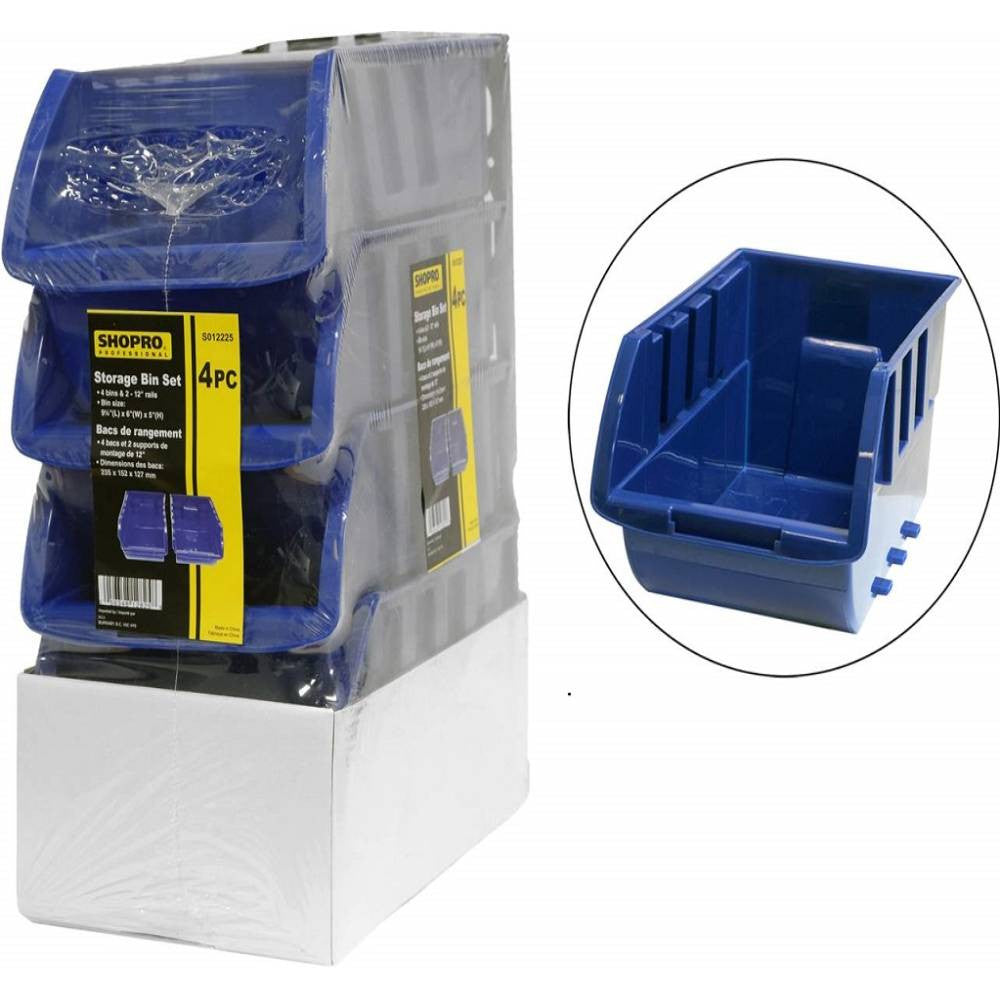 SHOPRO S012225 4pc Large Storage Bin Set with 2-1/2in Rails - Blue