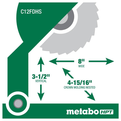 Metabo HPT C12FDHSM 15 Amp 12in Dual Compound Mitre Saw with Laser Marker showing the cutting capacity of the saw