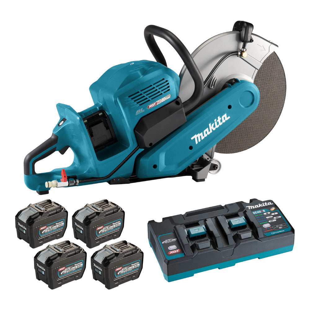 Makita CE001GL401 80V Max (40Vx2) XGT Cordless Brushless 14 inch Power Cutter Kit showing inclusions of the kit