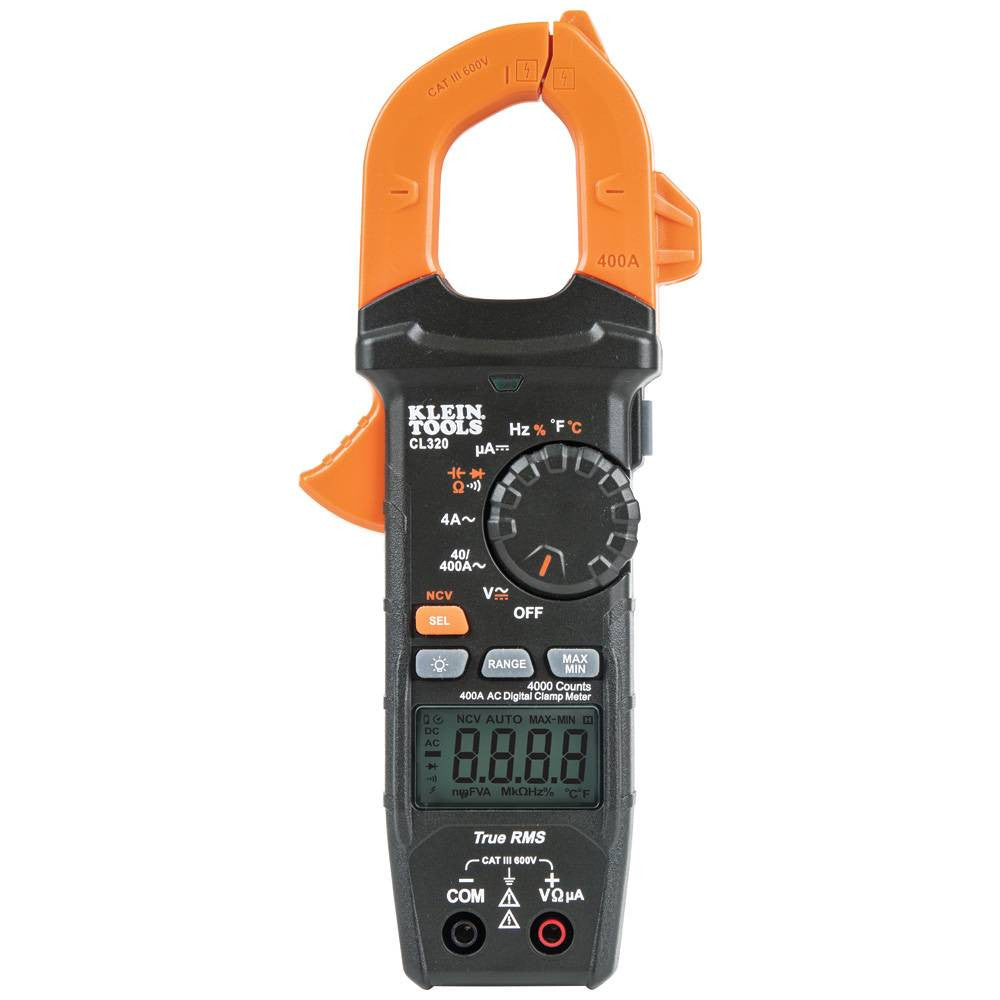 Klein Tools CL320 400 Amp HVAC Digital Clamp Meter showing from a different angle
