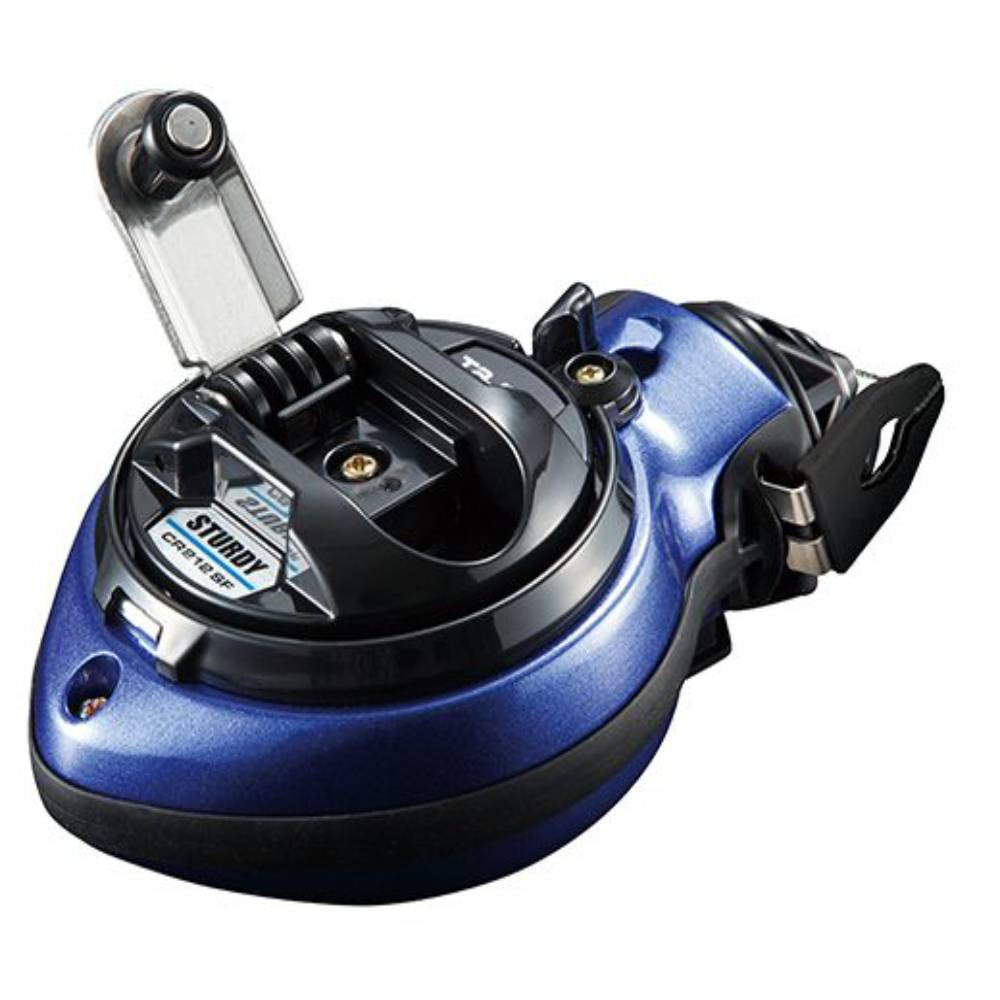 Tajima CR212SFB 100' Chalk-Rite Sturdy Ultra Thin Chalk Line Reel - Blue  showing handle opening