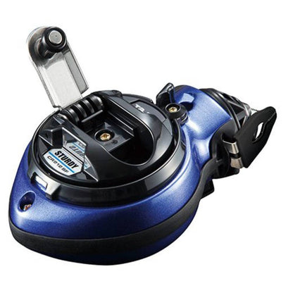 Tajima CR212SFB 100' Chalk-Rite Sturdy Ultra Thin Chalk Line Reel - Blue  showing handle opening