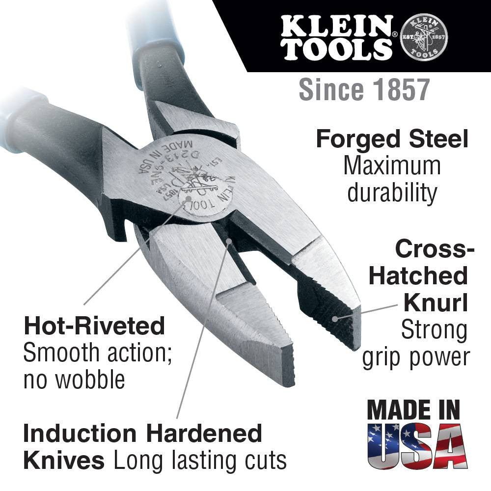 Klein Tools D2000-9NE 2000 Series 9 inch Lineman's Side-Cutting Pliers showing features