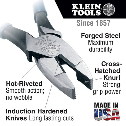 Klein Tools D2000-9NE 2000 Series 9 inch Lineman's Side-Cutting Pliers showing features